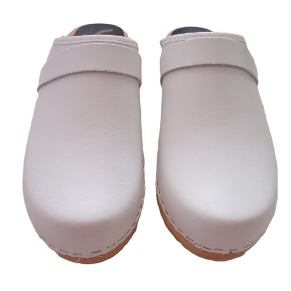 Swedish Cape Clogs White Leather Wooden Mules Shoes Slip On Stylish Size US 6.5 - Picture 2 of 10